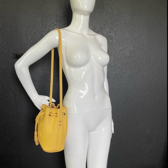 Dooney and Bourke AWL leather Palomino Yellow mini drawstring bucket bag purse - Picture 2 of 16